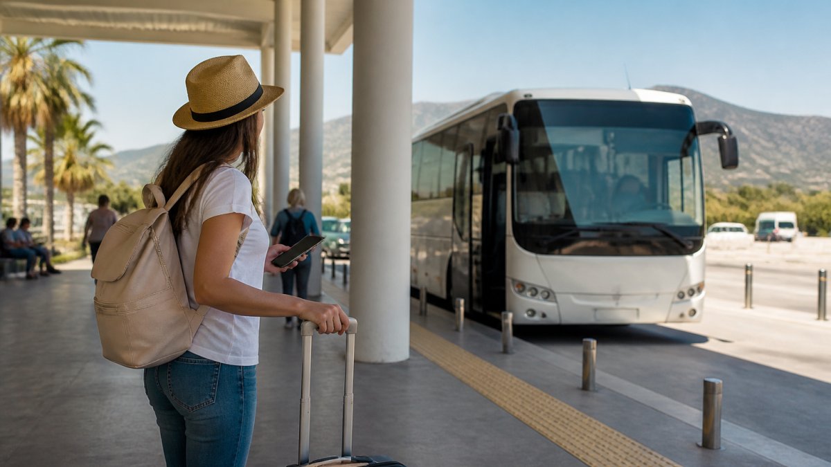 A traveler with a suitcase waiting at Dalaman Airport arrivals area, looking at a shuttle bus schedule, sunny Mediterranean setting