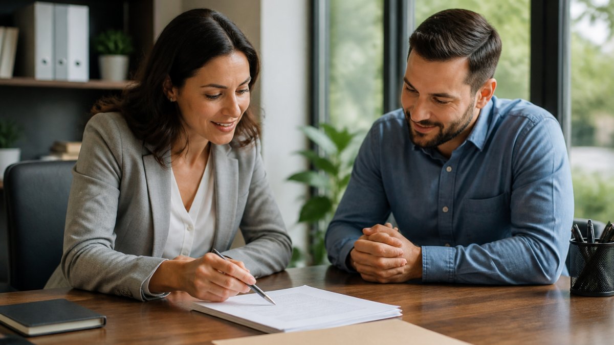 First-time homebuyer reviewing FHA loan requirements with a mortgage lender in a modern office setting