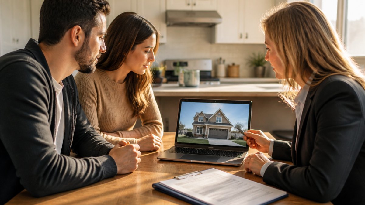 A young couple sitting at a kitchen table with a laptop open to a banking page and a folder of financial documents, a real estate agent pointing at the screen, warm afternoon light through the window