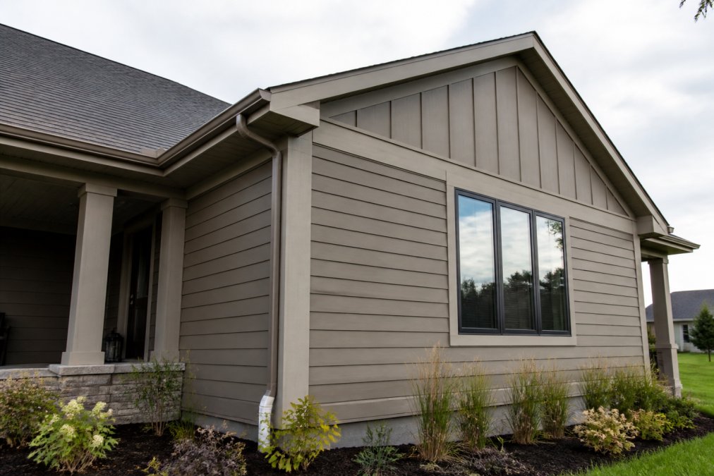 Modern residential home exterior with composite siding in neutral earth tones, featuring realistic wood-grain texture and clean board and batten styling, natural daylight illuminating the facade