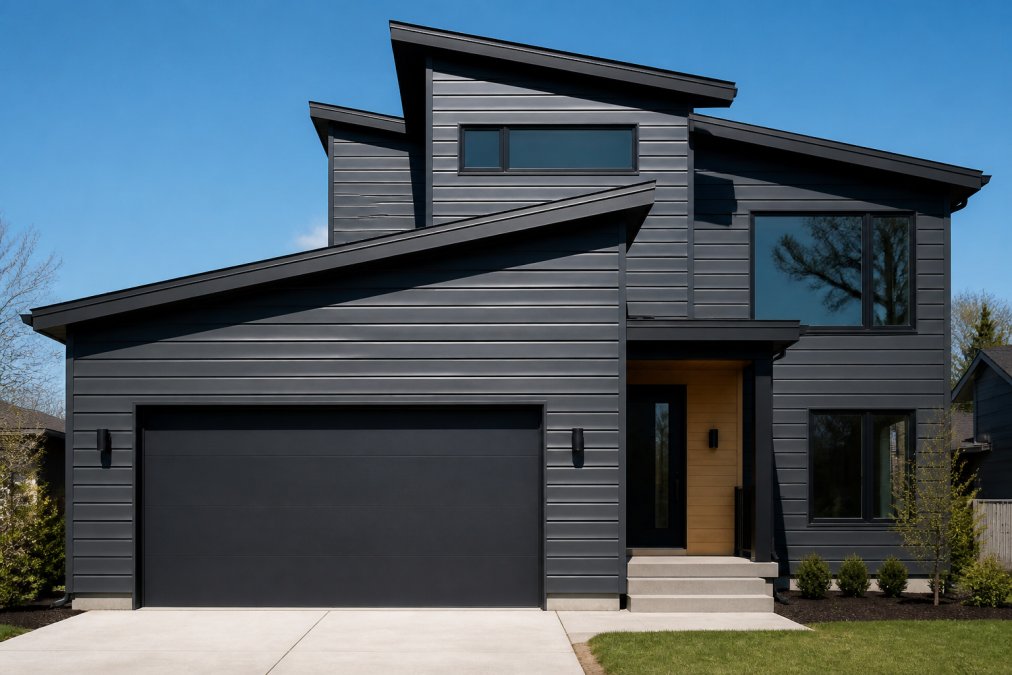 Sleek modern residential home exterior featuring standing seam metal siding with clean horizontal lines and minimalist architectural design, emphasizing industrial-contemporary aesthetic in bright daylight