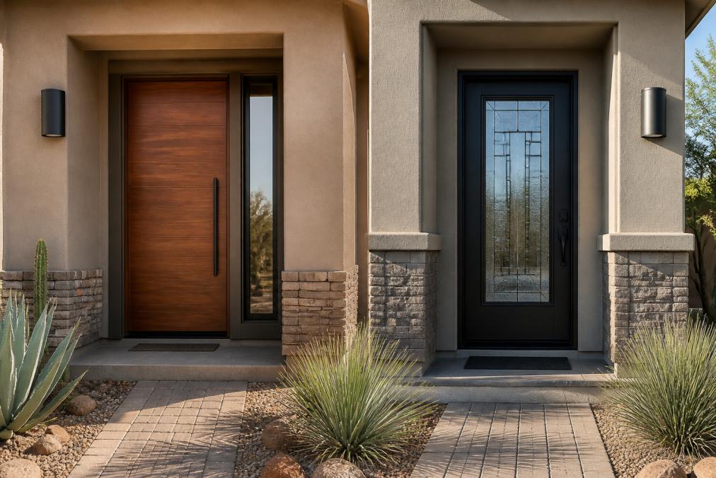 Modern residential home exterior showing a contemporary fiberglass entry door with wood-grain finish on one side and a sleek steel entry door with decorative glass panel on the other, both installed in desert landscape setting
