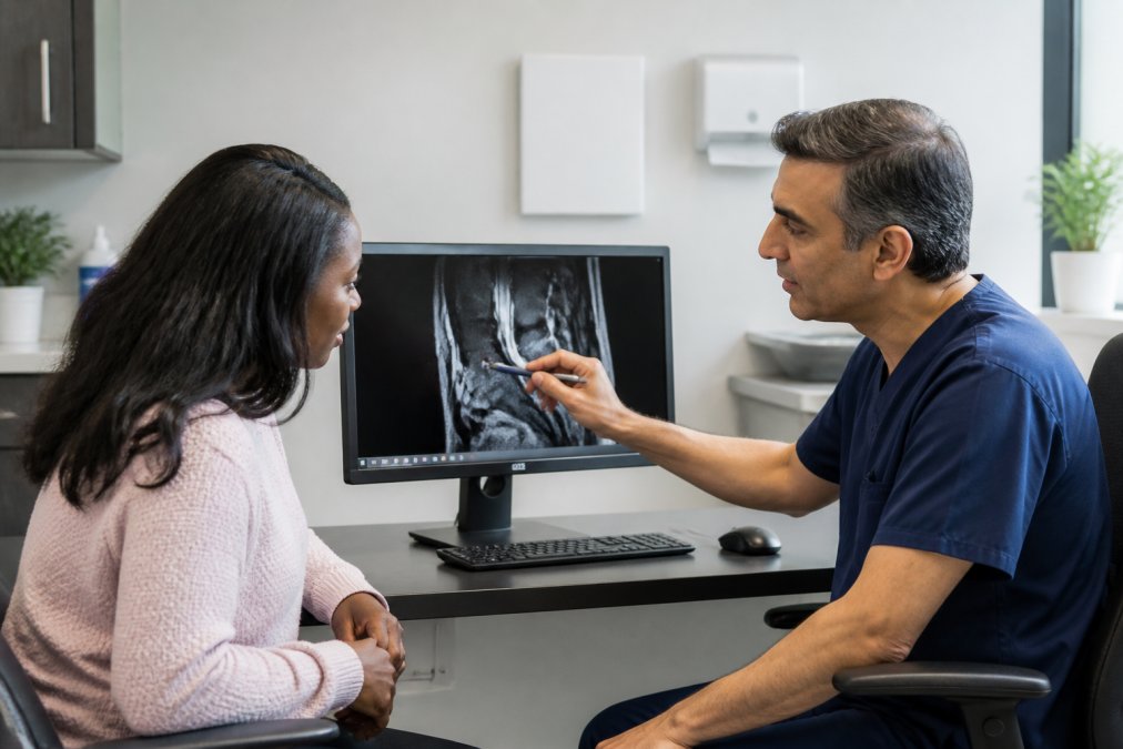 Healthcare consultant in modern clinical setting discussing treatment options with patient, showing diagnostic imaging on screen with warm professional lighting