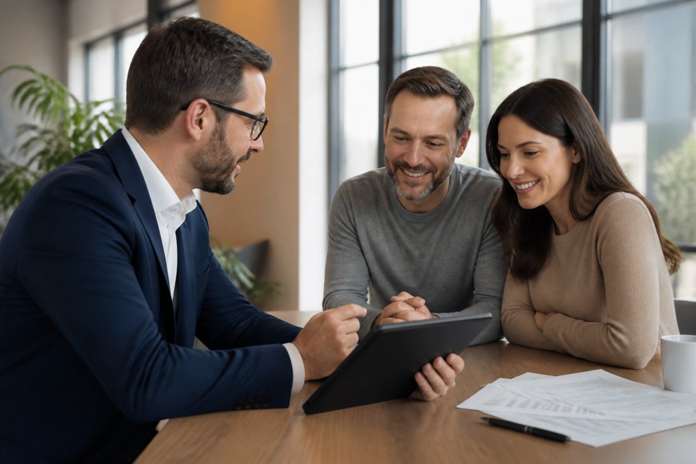 A financial advisor in a navy suit reviewing portfolio documents on a tablet with a couple at a modern office desk, warm natural light through large windows
