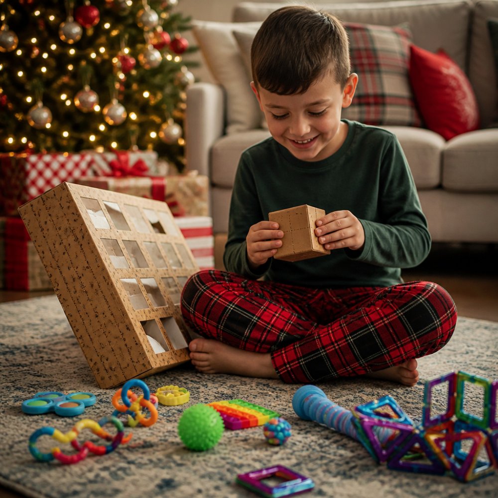 A child sitting cross-legged on a living room floor, opening a small numbered box from a fidget toy advent calendar, colorful squishy toys and magnetic tiles scattered nearby, warm holiday lights in the background