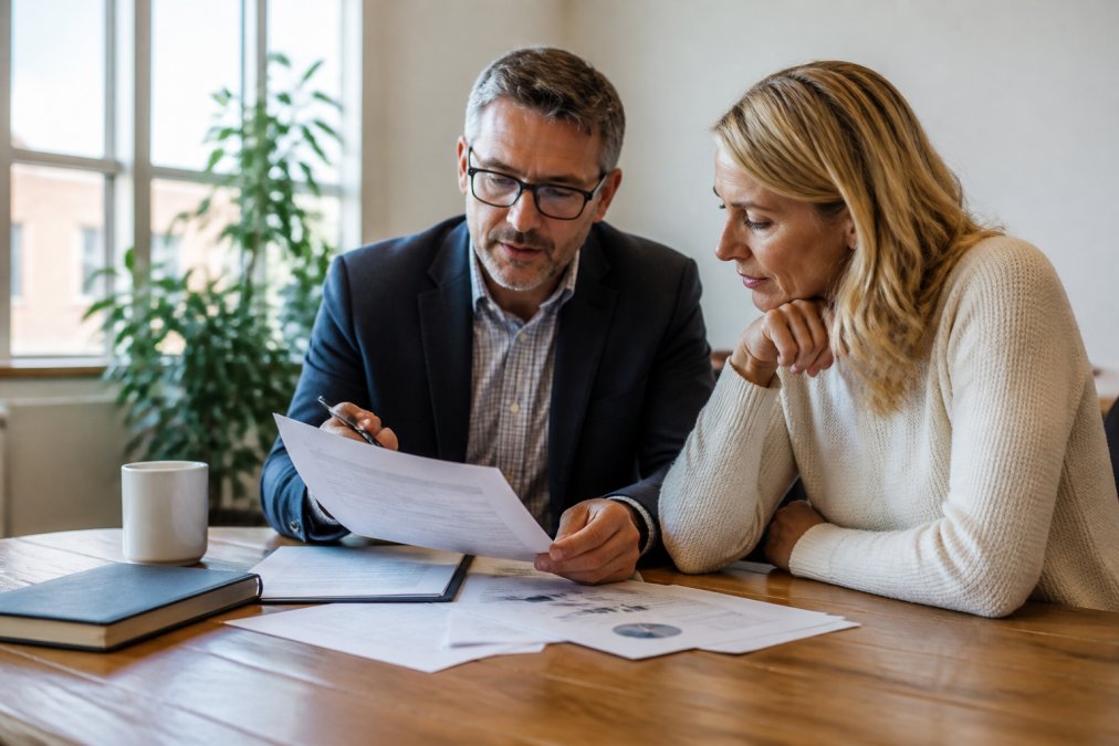 Professional advisor and client reviewing financial documents together at a wooden desk in a sunlit office, discussing investment strategy with transparency and trust
