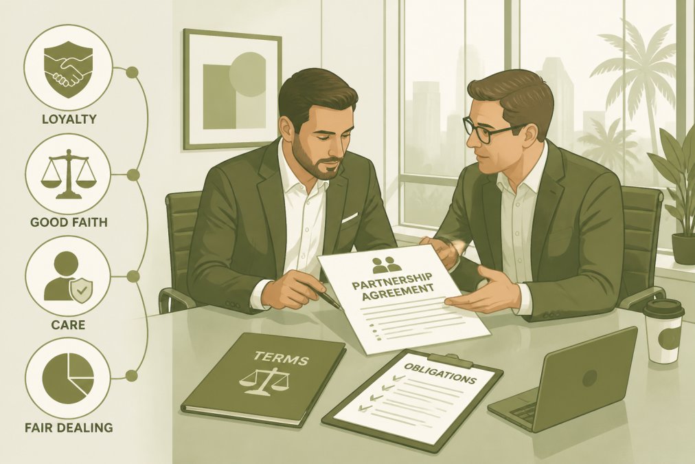 Two business partners reviewing contract documents together at a conference table, discussing partnership terms and obligations with natural window lighting