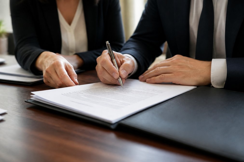 Close-up of a business professional signing a partnership agreement document with a pen, with a colleague present reviewing the terms