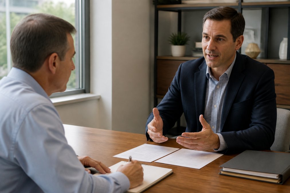 Professional financial advisor and client meeting across a wooden desk in modern office, client taking notes, natural light from window