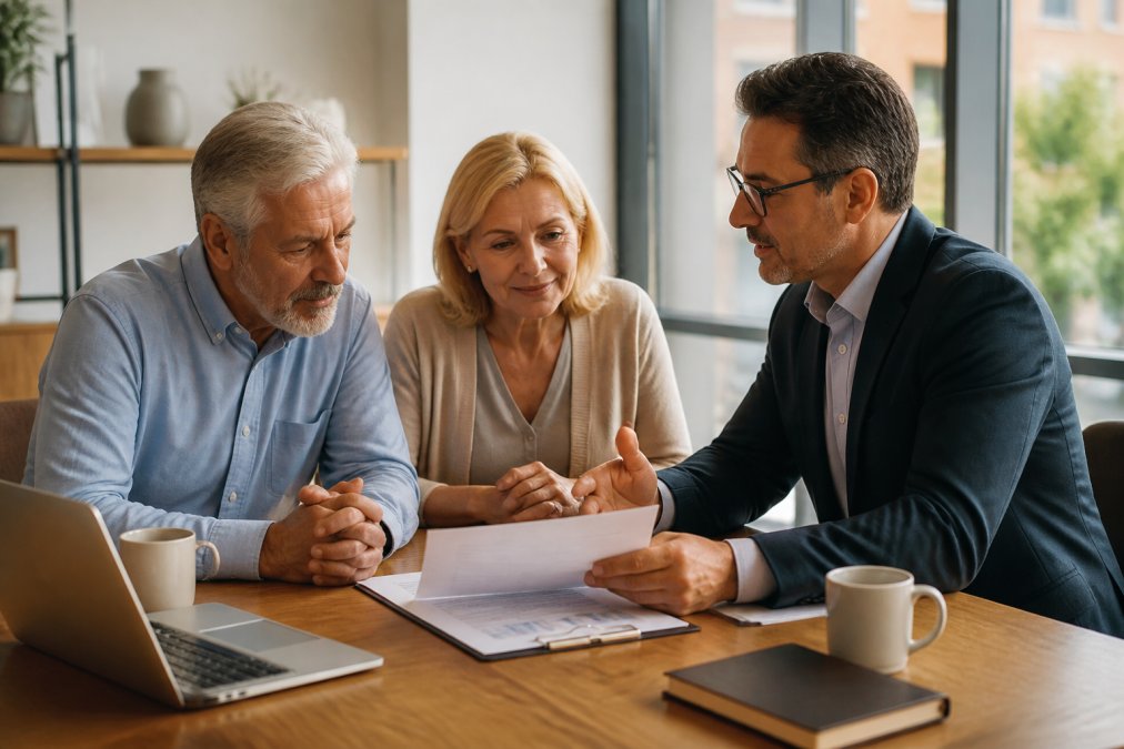 Financial advisor explaining documents to a couple to clarify fiduciary vs non-fiduciary roles in a modern office.