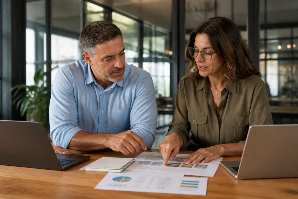 Small business owner and fractional CMO collaborating at a desk with laptops, reviewing marketing strategy documents and analytics dashboards together in modern office lighting