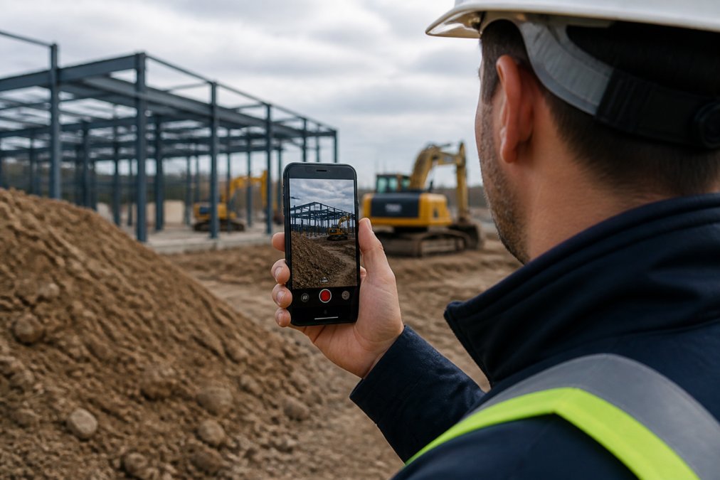 Field inspector on a construction site using an Android smartphone to document progress, with geotagged location markers visible on the device screen and voice notes being recorded