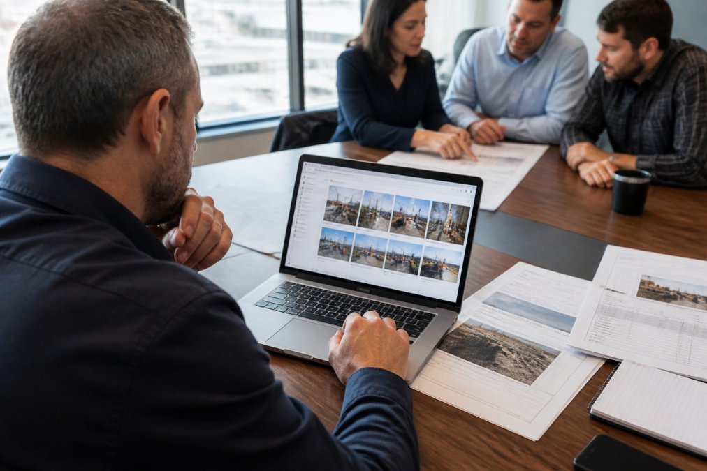 Project manager reviewing field reports and geotagged photos on a laptop in an office environment, with printed inspection documents and team members discussing findings around a conference table