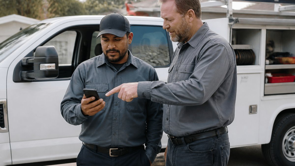 Supervisor explaining new field service change management steps to a technician using a mobile work order app