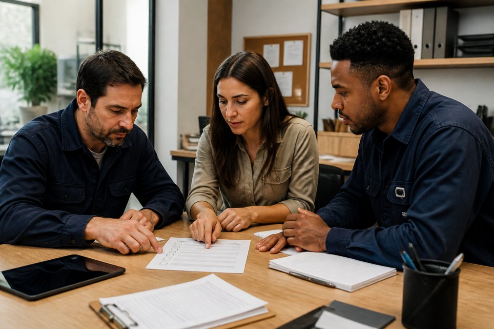 Field service team reviewing a printed checklist during a complex field service data migration project in an office.