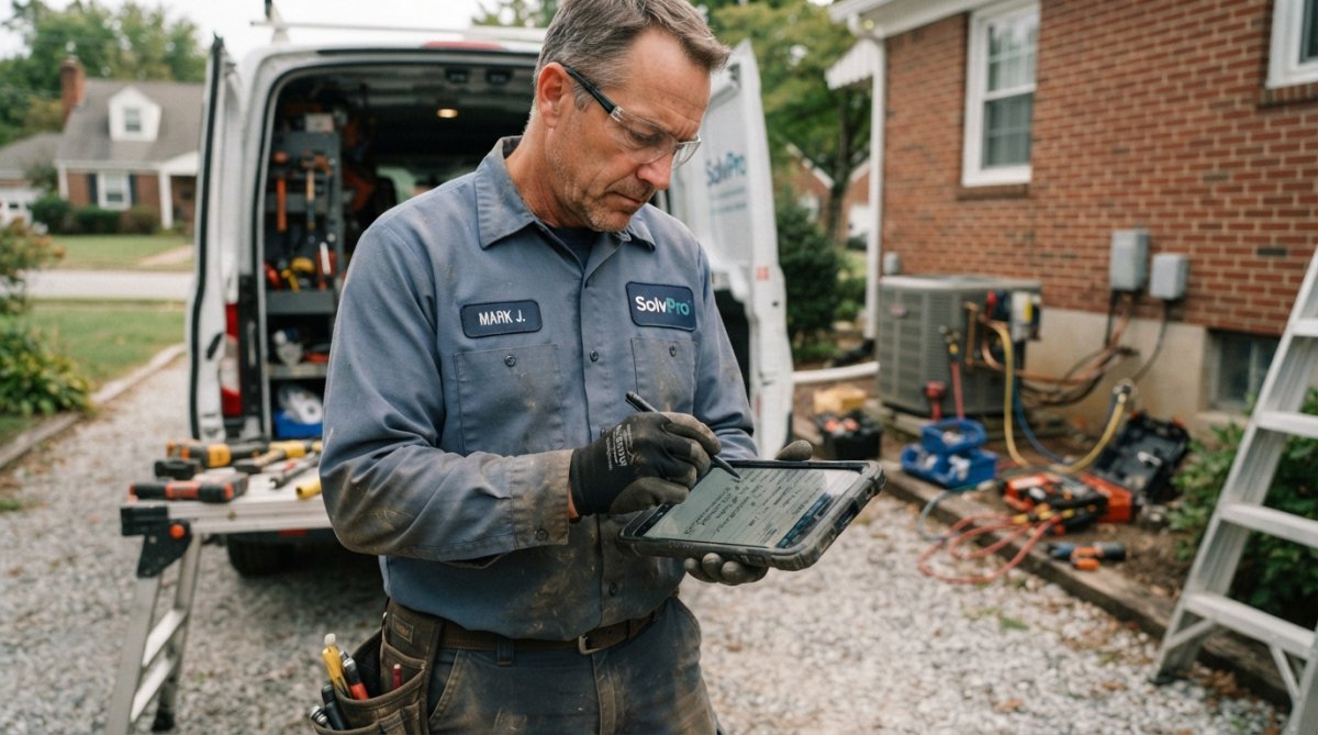 Field technician holding smartphone displaying work order and customer details at residential job site, with service van visible in background