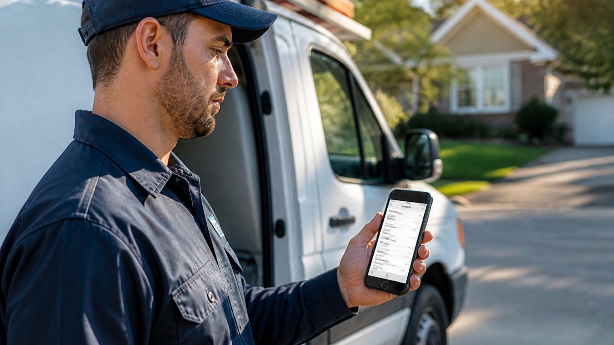 HVAC technician in uniform standing beside a white service van, holding a smartphone displaying a job details screen with address, customer notes, and equipment specifications, morning sunlight