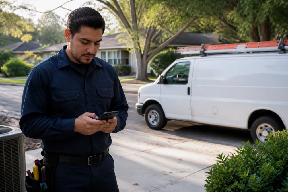 Professional illustration showing field and technician and branded concepts for field service management software