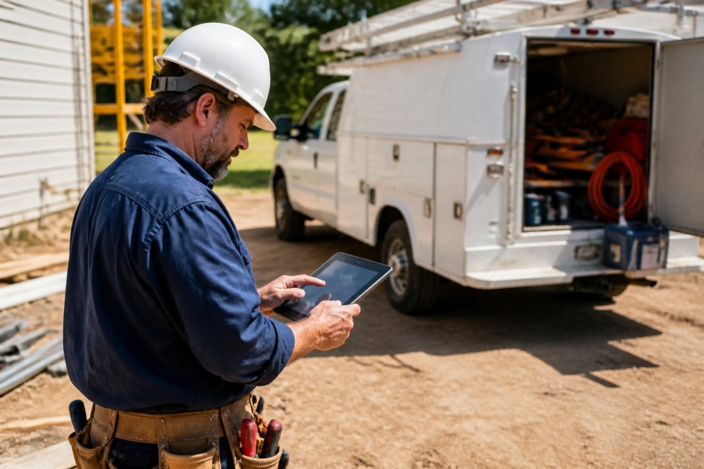 Field service technician on a job site using a mobile tablet to complete a digital work order, with a truck and tools visible in the background, natural daylight