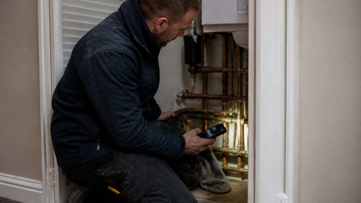 A heating engineer kneeling beside a boiler in a narrow UK airing cupboard, holding a phone with a job sheet open, torchlight on the pipework