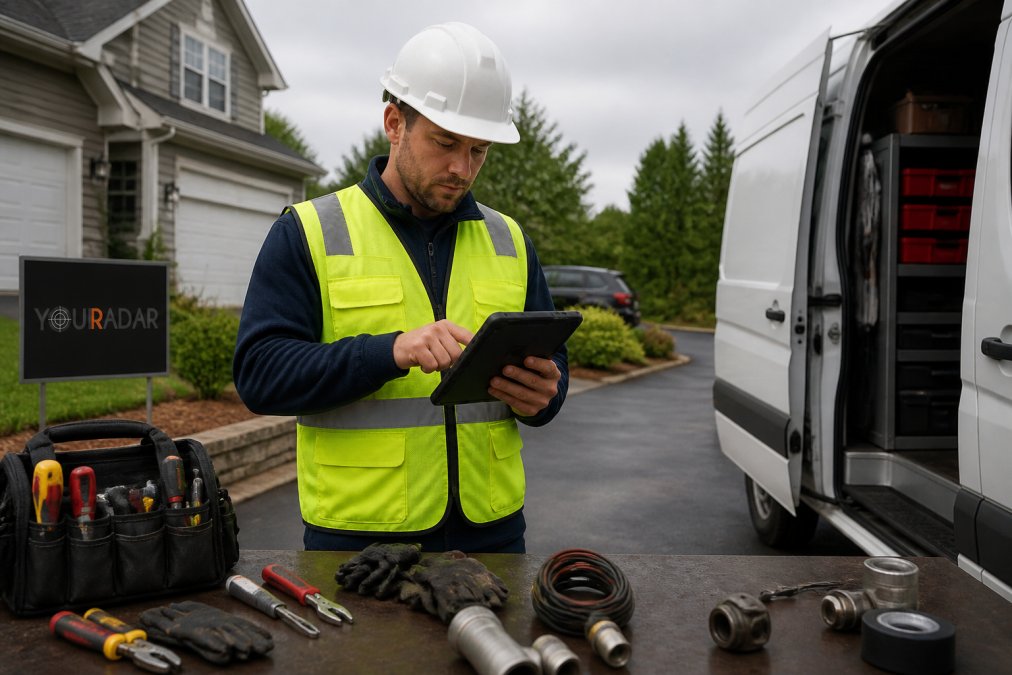 A field technician in a high-visibility vest and hard hat holding a rugged tablet, reviewing a digital checklist beside a service van at an outdoor residential job site, overcast morning light