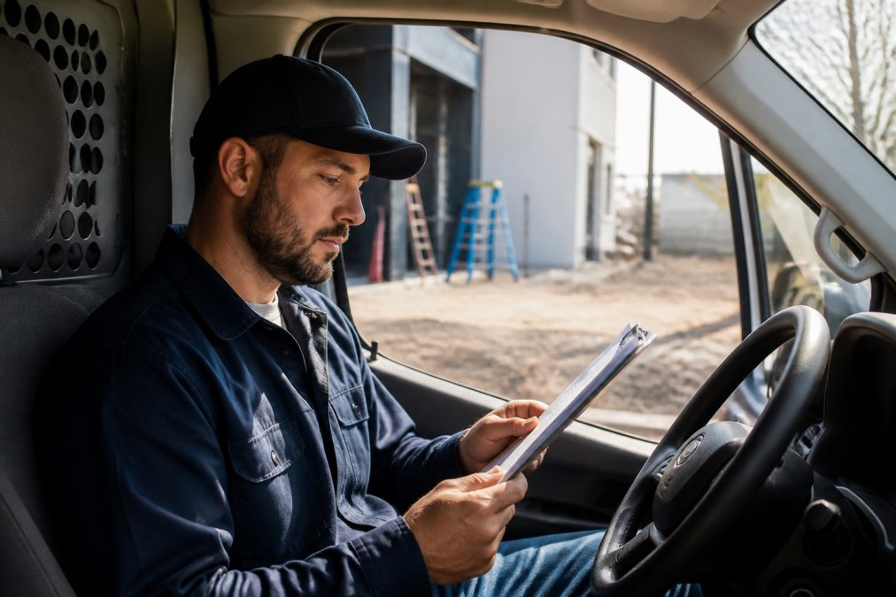 Field technician in truck cab reviewing work orders on a mobile app while parked at a job site, with tools visible in the background and natural daylight streaming through the window
