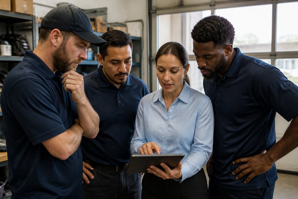 Diverse team of crew members and an office manager discussing a schedule on a tablet in a small business office or garage setting with natural light from windows