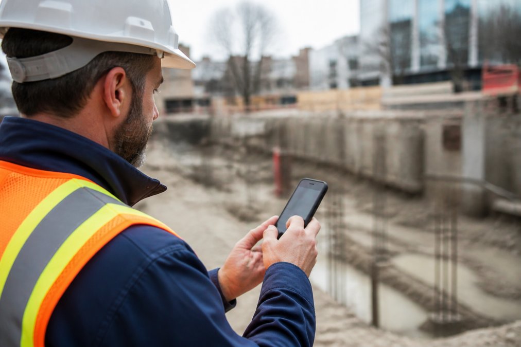 Field inspector on construction site holding Android device, reviewing geotagged photos with visible timestamps and voice-to-text annotations on screen, natural outdoor lighting