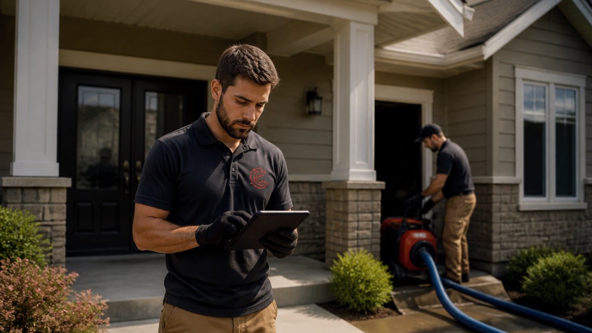Restoration crew member in work gear checking job details on tablet while standing at residential property entrance, with another technician visible in background near equipment
