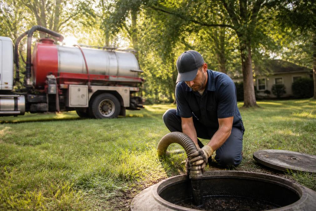 Septic technician in uniform working on a residential tank pump in a residential yard, with a service truck and equipment visible in the background, morning light filtering through trees