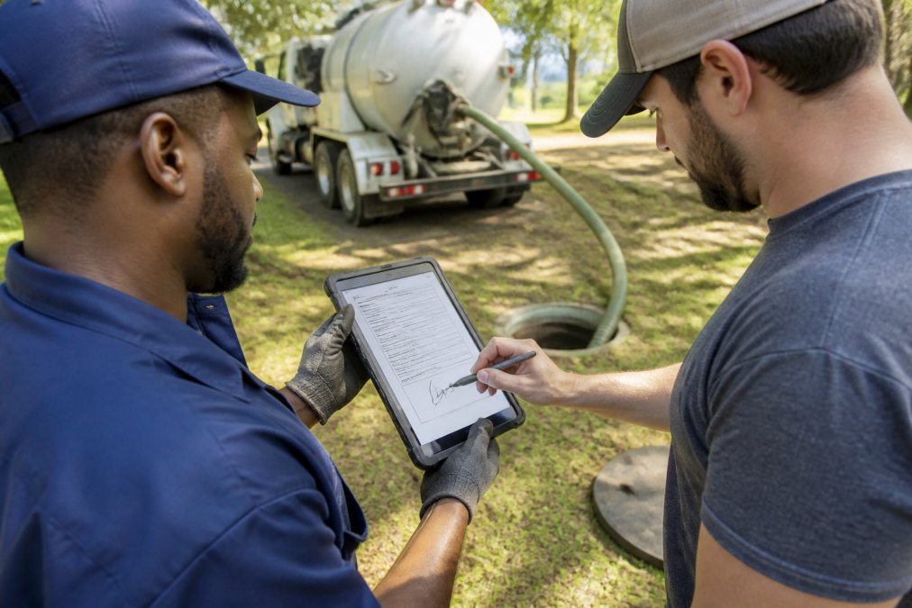 Field technician holding a tablet displaying a digital work order with a customer signature being captured on the mobile screen in natural daylight
