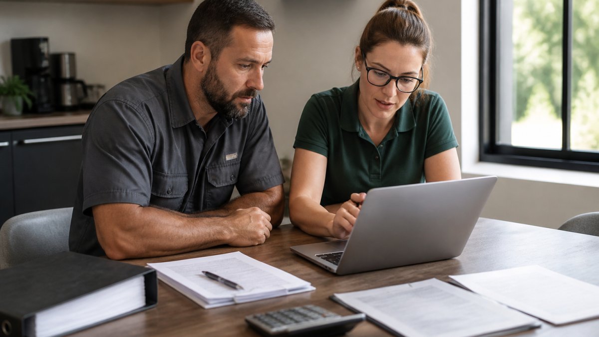 Small business owner and manager reviewing accounting software for field service software integration with accounting tools