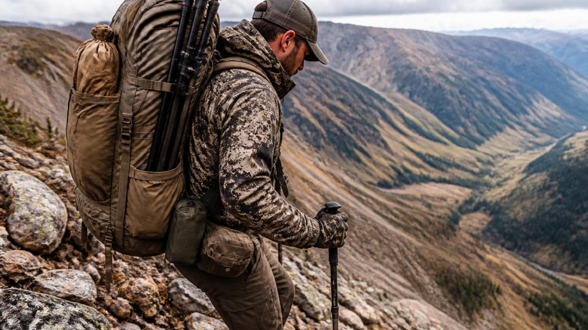 Hunter in rugged backcountry terrain with full packed gear system demonstrating field-tested equipment in harsh wilderness conditions, natural daylight showing durability in action