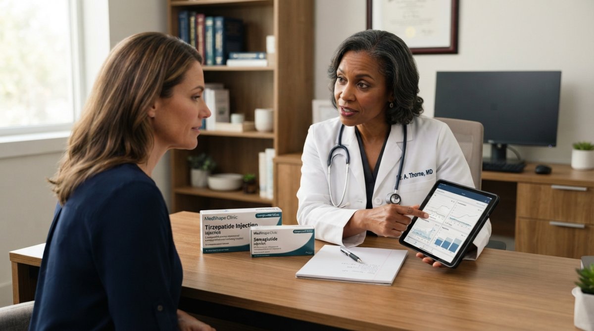 Board-certified physician consulting with patient about weight loss medication options on tablet in modern clinic setting with natural lighting