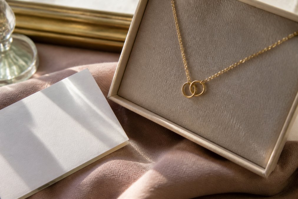 Close-up of a delicate gold necklace with a small personalized message card resting on soft velvet fabric, natural window light catching the chain