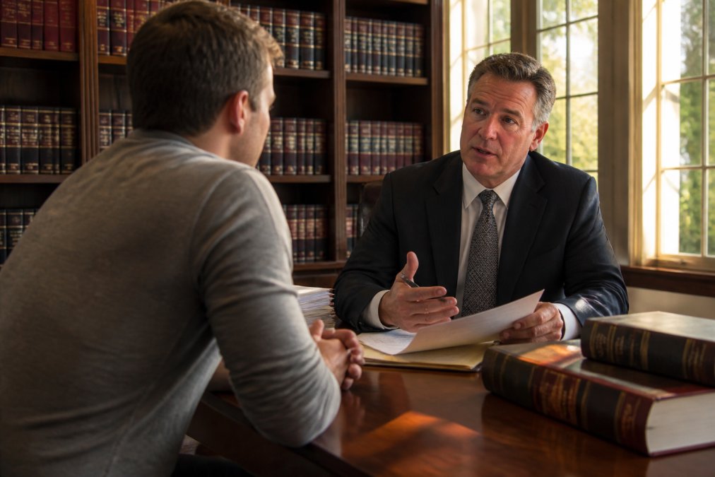 A confident criminal defense attorney in a suit speaking with a client across a wooden desk in a law office, law books and legal documents stacked nearby, warm afternoon light through tall windows