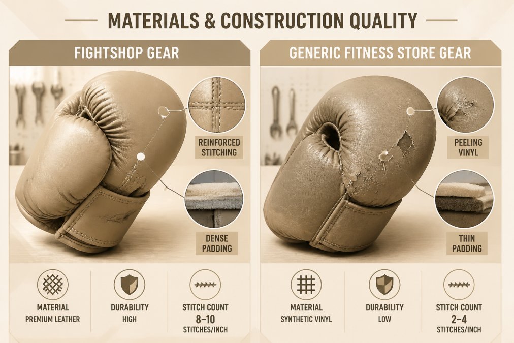 Close-up side-by-side comparison of a professional boxing glove with reinforced stitching and dense padding next to a generic fitness glove with worn, peeling vinyl material under bright workshop lighting