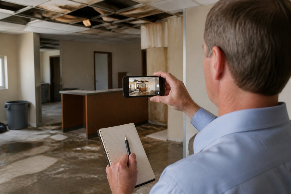 Business owner photographing damaged property with smartphone, closeup of hands holding phone and notepad for claim documentation