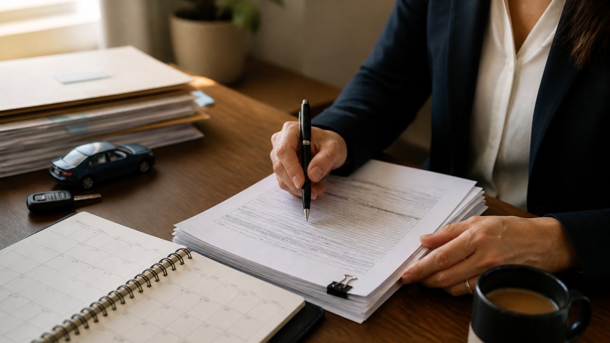 Professional reviewing accident claim documents and calendar on a desk, with pen and coffee cup nearby, natural office lighting