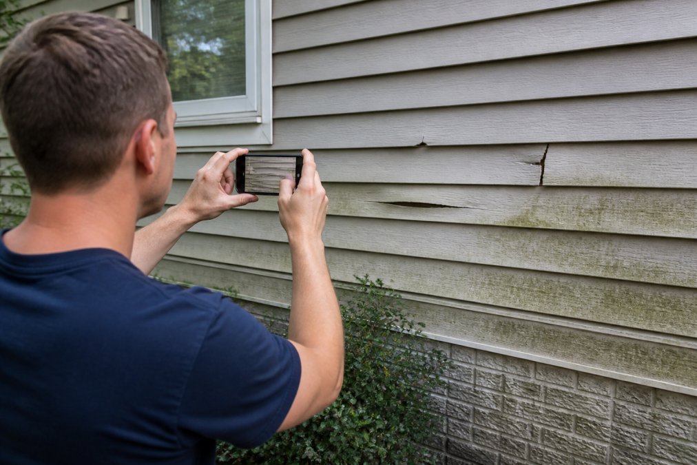 A homeowner holding a smartphone, carefully photographing visible siding damage with cracks and discoloration along the side of their house, showing proper documentation technique with natural daylight
