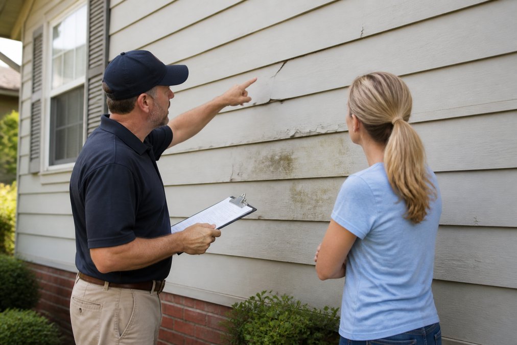 A professional roofing contractor and homeowner standing together on the side of a house, examining visible siding damage with cracks and discoloration, the contractor pointing out problem areas while holding a clipboard