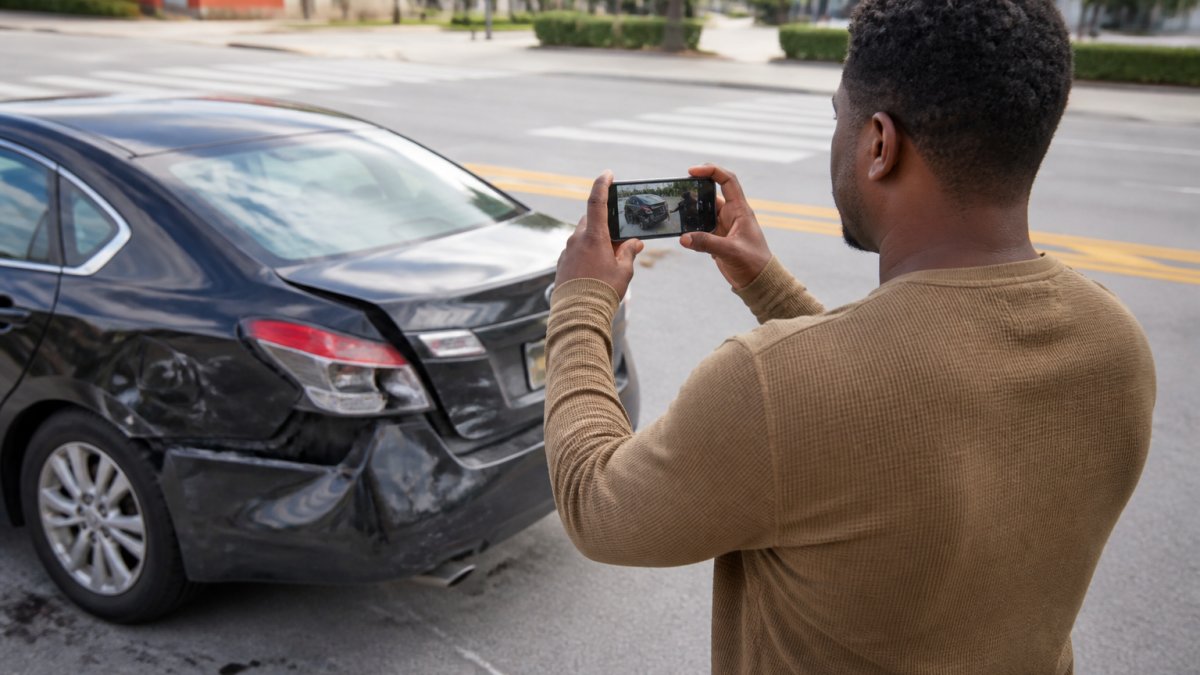 Driver standing beside damaged vehicle at accident scene, taking photos with smartphone for documentation, with visible vehicle damage and road markings in background