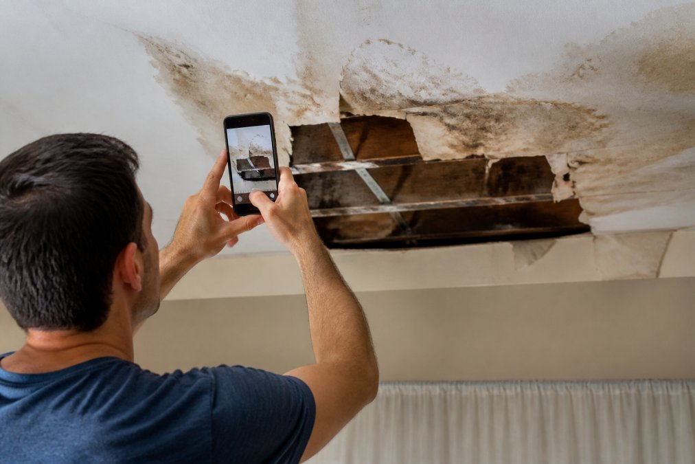 Homeowner photographing water damage on a ceiling with a smartphone, showing close-up documentation of staining and structural damage