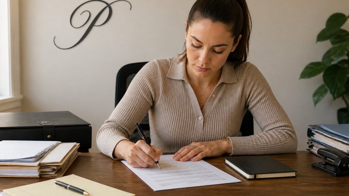 Person completing a power of attorney form at a desk with documents, pen, and notepad visible, natural office lighting