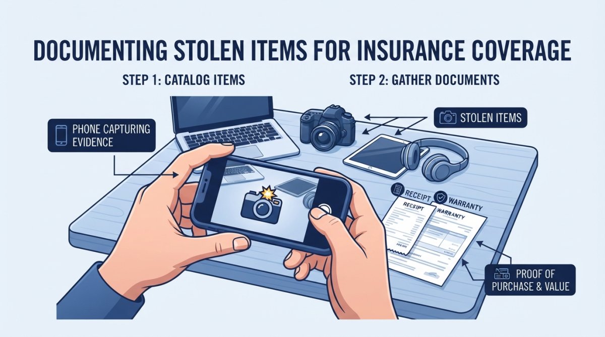 Close-up of hands holding a smartphone photographing household items on a table, with receipts and warranty documents visible nearby