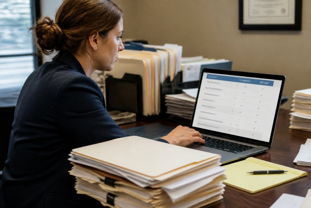 Paralegal comparing FileAndServeXpress vs ABC Legal software features on a laptop in a bright office
