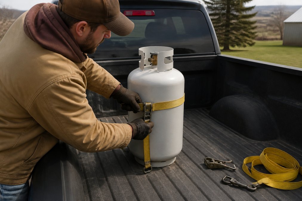 Professional securing a propane tank upright in the bed of a pickup truck using safety straps, with valve protected by a cap and tank positioned away from the cab