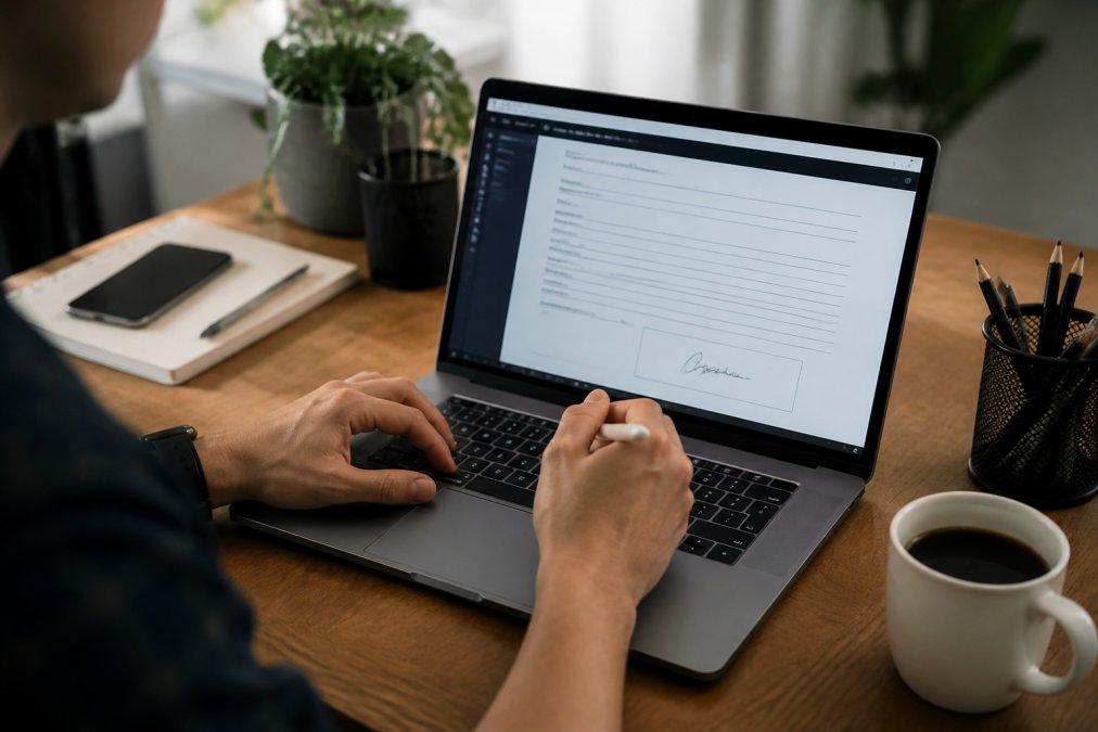 Person at a tidy desk using a laptop for filling a pdf with a digital signature and stylus nearby