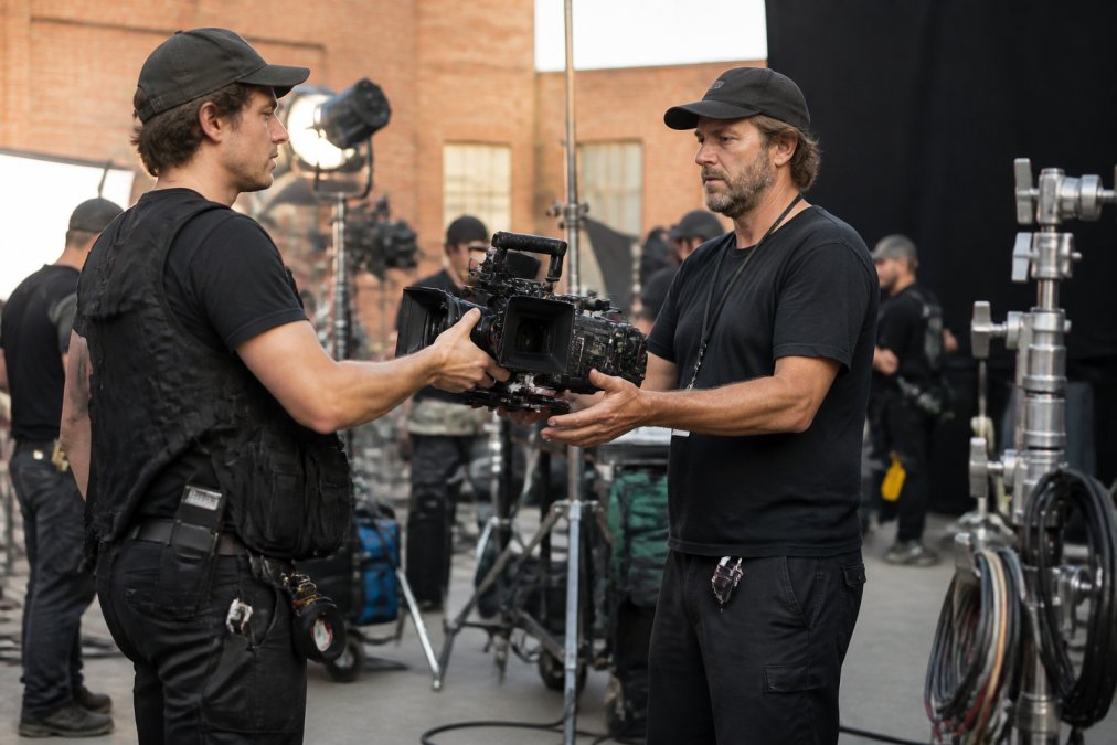A camera assistant handing a digital cinema camera to a director of photography on a busy film set, with lighting and grip equipment visible in the background