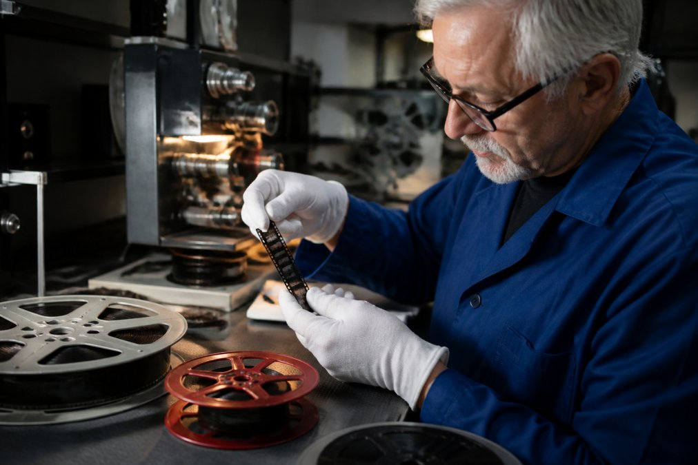 Professional technician carefully handling vintage 8mm film reels with white gloves, examining the film under bright studio lighting with professional scanning equipment visible in the background